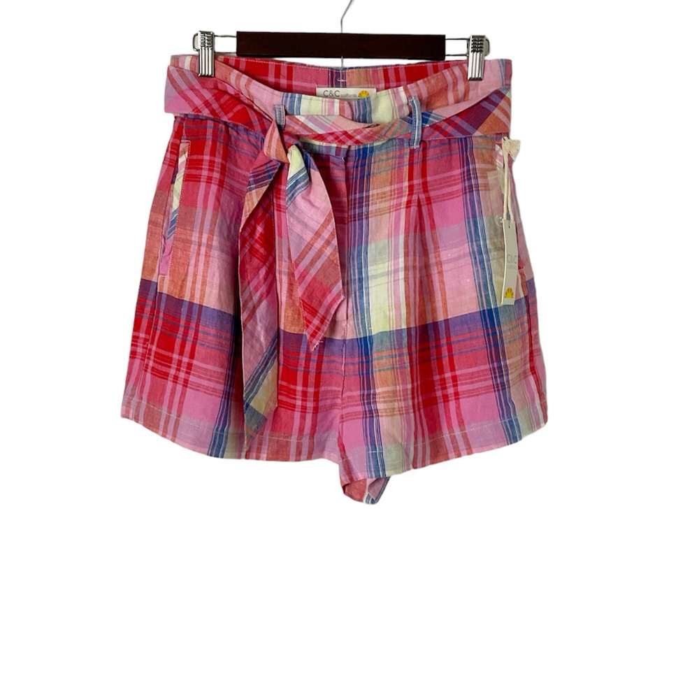 C&C California Linen Pleated Trouser Shorts High Waist Size 6 Pink Plaid